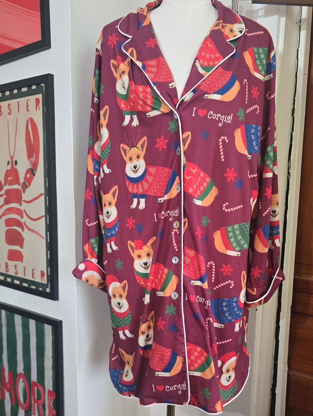 Women’s Burgundy Corgi Print Pajama Sleep Shirt Nightgown Nwot Xl
